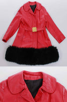 60s Red Leather Shearling Belted Mod Boho Princess Jacket Winter Princess Coat Women Size XS / Small / 35" bust / 34" waist / 40" hips