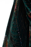 Green Velvet Peacock Fringe Beaded Asymmetrical Hem 20's Flapper Style Midi Maxi Dress Size Medium...Large...38" bust...34" waist...42" hips