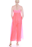 60s NEON Pink-Orange Buttery Soft Nylon Chiffon Layered Jumpsuit Loungewear Lingerie Women&#39;s Size XS / Small / 32-36&quot; bust / 28&quot; waist