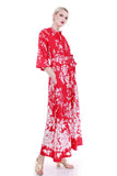 60s 70s Tropical Floral Red White Soft Polyester Loungewear Robe MuuMuu Bell Sleeve Caftan Dress Size Medium / Large / 40" bust / 38" waist