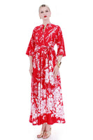 60s 70s Tropical Floral Red White Soft Polyester Loungewear Robe MuuMuu Bell Sleeve Caftan Dress Size Medium
