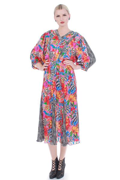 80s MAYEELOK France Wildly Colorful Abstract Mixed Print Semi Sheer Georgette Puff Sleeve Dress