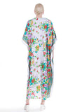 Vintage Botanical Floral White Colorful Silky Brocade Caftan Maxi Dress MuuMuu Loungewear House Dress Women OSFA 42" wide 49" long