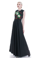60s 70s ALFRED SHAHEEN Black Floral Wide Sweep Braided Belt Maxi Boho Gypsy Vintage Dress Medium Large