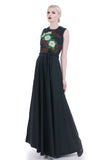 60s 70s ALFRED SHAHEEN Black Floral Wide Sweep Braided Belt Maxi Boho Gypsy Vintage Dress Medium Large