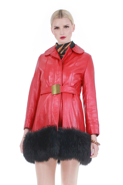 60s Red Leather Shearling Belted Mod Boho Princess Jacket Winter Princess Coat 
