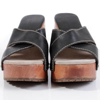90s CANDIES Platform Wood Chunky Block Heel Black Leather Mule Sandals Size US 8.5 / US 6.5 / 38.5-39