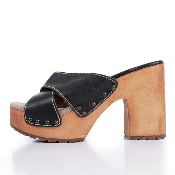 90s CANDIES Platform Wood Chunky Block Heel Black Leather Mule Sandals Size US 8.5 / US 6.5 / 38.5-39