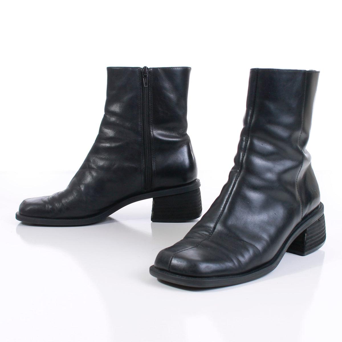 90s Minimal Black Leather Block Heel Ankle Boots Women's Size 6.5 USA ...