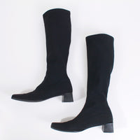 90s Austrian PAUL GREEN Black Stretch Neoprene Tall Square Toe Block Heel Boots Womens Size 8 - 8.5 USA / 6.5 Uk