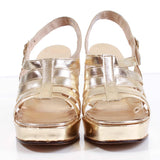 60s 70s Platform Gold Metallic Faux Leather High Block Heel Cage Sandals Womens Size 6.5 AA Narrow USA