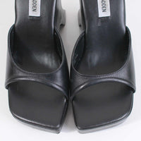 90s STEVE MADDEN Platform Architectural Avant Garde Black Leather Wood Heel Sandals Size 9 USA