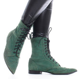 80s Vtg JOHN FLUEVOG Swordfish Family Green Suede Pointy Toe Lace Up Boots Made in England Womens U.S. Size 8 (runs large and wide)