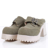 90s Platform Olive Green CANVAS Chunky White Rubber High Block Heel Mules Clogs Shoes Women Size 8 USA
