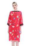 Vtg Silky Kimono Sleeve Tunic Dress Red Abstract Print Union Made in the USA Women&#39;s Size Medium 39&quot; bust - 39&quot; waist - 39&quot; hips