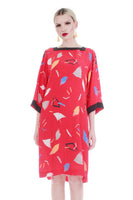 Vtg Silky Kimono Sleeve Tunic Dress Red Abstract Print Union Made in the USA Women&#39;s Size Medium 39&quot; bust - 39&quot; waist - 39&quot; hips