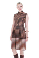 60s Mod SAKS Fifth Avenue Brown Geo Mix Patterned Pleated Sleeveless Collared Scooter Dress Womens Size XS -Small