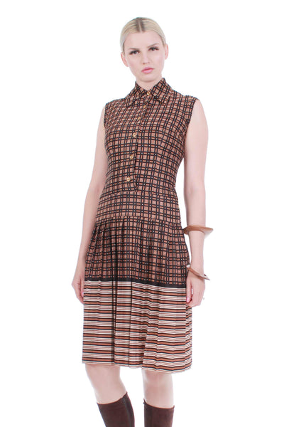 60s Mod SAKS Fifth Avenue Brown Geo Mix Patterned Pleated Sleeveless Collared Scooter Dress Womens Size XS -Small
