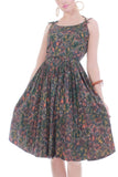 Vintage 1950s Cotton Olive Floral Print Sun Dress Size XXS / 0 / 30-33" bust / 23" waist
