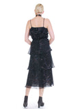 70s ARJON California Black Lavender Floral Sheer Chiffon Ruffle Peasant Dress Women's Size Small-Medium / 28-40"bust / 22-34"waist / 44"hips