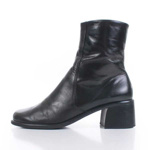 90s Minimal Black Leather Block Heel Above Ankle Boots Made in Brazil Women's USA Size 10
