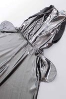 Vintage LIQUID Silver Lamé Metallic Shiniest Plunge Wide Sweeping Below Knee Length Dress Women's Size Large 36" bust - 34" waist