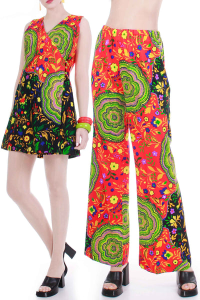 60s LILIA Psychedelic 2pc Bell Bottom and Long Tunic Top Outfit Red Green Yellow Barkcloth Pantsuit Medium-Large-38&quot; bust-33&quot; waist-44&quot; hips