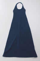 70s Navy KNIT Plunge Halter Maxi Lounge Dress Everyday Minimalist Basic WFH Women's Size Small - 26-30" waist