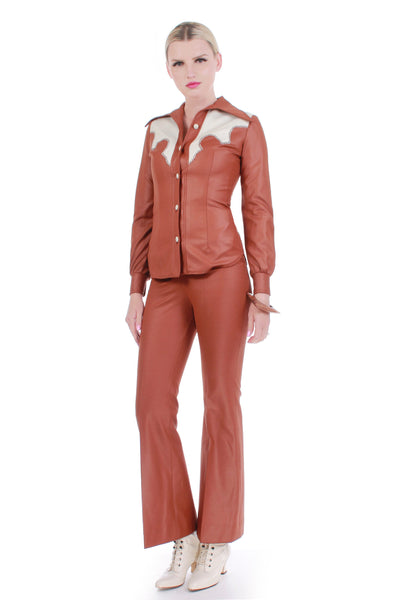 70s Faux Leather 2 Piece Pant Suit WESTERN Heritage U.S.A. Brown Beige Color Block 