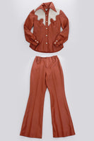 70s Faux Leather 2 Piece Pant Suit WESTERN Heritage U.S.A. Brown Beige Color Block Perfect Condition! Size XS  23.5"waist-36"hips-29"inseam