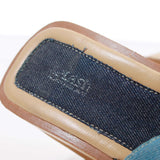 90s Denim PATCHWORK Cutout Faux Wood Platform Wedge Heel Mule Sandals Women's Size 7 USA
