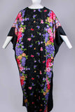 80s Black Floral BOTANICAL Shiny Silky Caftan Maxi Dress Muu Muu Housedress Loungewear Women&#39;s One Size Fits All 64&quot; wide