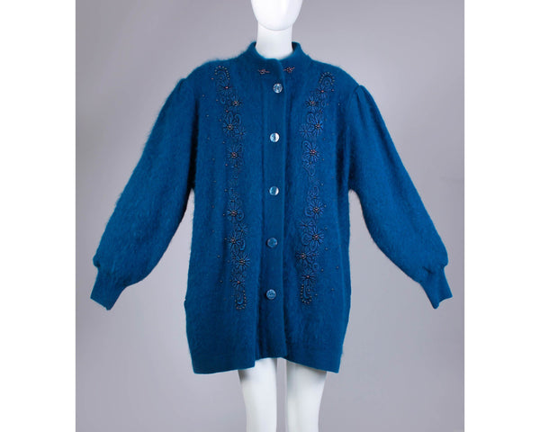 Blue ANGORA Cardigan Sweater with Embroidery and Beads 1980s Vintage Women&#39;s Size XXL
