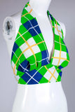 70s Plaid Halter Crop Top Blue White Green Yellow Silky Polyester Women&#39;s Size Medium - C Cup
