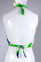 70s Plaid Halter Crop Top Blue White Green Yellow Silky Polyester Women&#39;s Size Medium - C Cup