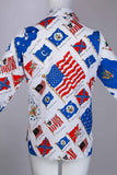 Vtg U.S. Military FLAGS Silky Button Down Blouse Novelty Patriotic Election Day Outfit Women&#39;s Size Small - Medium - 37&quot; bust - 36&quot; waist