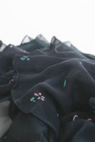 70s ARJON California Black Lavender Floral Sheer Chiffon Ruffle Peasant Dress Women's Size Small-Medium / 28-40"bust / 22-34"waist / 44"hips