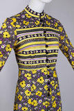 60s MOD Yellow Purple Black White GEO Floral Printed Slippery Nylon Long Sleeve Dress Women&#39;s Size XS-Small - 34&quot; bust - 28&quot; waist - 34&quot;hips