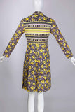 60s MOD Yellow Purple Black White GEO Floral Printed Slippery Nylon Long Sleeve Dress Women&#39;s Size XS-Small - 34&quot; bust - 28&quot; waist - 34&quot;hips