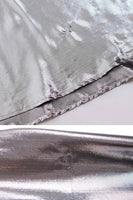 Vintage LIQUID Silver Lamé Metallic Shiniest Plunge Wide Sweeping Below Knee Length Dress Women's Size Large 36" bust - 34" waist