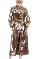 80s Jumpsuit Gold Metallic Huge Wide Leg Culottes Shiny Wet Look Sash Belt Women's Size Medium-Large - 40" bust - 37" waist - 40" hips