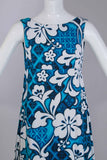 1960s Vintage BARKCLOTH Hawaiian Sleeveless ALOHA Maxi Dress Blue White Hibiscus Floral Print Women&#39;s Size Small - Medium 36&quot; bust 34&quot; waist
