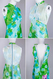 60s 70s TORI RICHARD Watercolor Liberty House Green Blue Pink Hawaiian Maxi Dress Vintage Women&#39;s Size Small 34&quot; bust - 26&quot; waist - 34&quot;hips