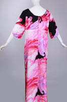 1960s MALIHINI Hawaii Pink Watercolor Swirl Vintage Maxi Dress Empire Bell Sleeve Size LARGE - XL - 42&quot; bust - 41&quot; waist - 46&quot; hips