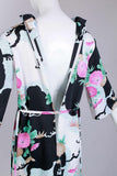 60s 70s ANDRADE Hawaii Asian Floral Kimono Sleeve Maxi Dress Black White Pink Vintage Women Size Small / Medium- 36&quot;bust- 36&quot; waist- 37&quot;hips