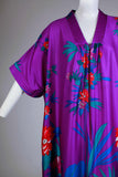 Vtg TROPICAL Caftan Kimono Sleeve Soft and Stretchy Poly Purple Floral Muu Muu Maxi Dress Loungewear Size XL - 1X - 2X - 52&quot; bust