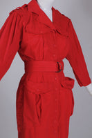 80s Red Cotton Trench Dress Lightweight Belted Puff Sleeve Midi Shirtdress Women&#39;s Size XS / 38&quot; bust / 24-26&quot; waist / 38&quot; hips / 48&quot; long