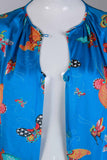 60s Silky Nylon BUTTERFLY Novelty Print Colorful Blue Vanity Fair Dressing Gown Caftan Loungewear WFH Women&#39;s Size Large 42&quot; bust - 44&quot;waist