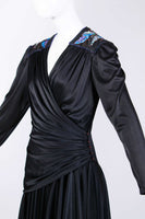 80s GLOSSY Liquid Black Ruched Wrap Dress Embellished with Blue Sequins 1980s Vintage Women&#39;s Size Small - 34&quot; bust - 26&quot; waist - 40&quot; hips