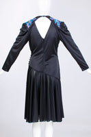 80s GLOSSY Liquid Black Ruched Wrap Dress Embellished with Blue Sequins 1980s Vintage Women&#39;s Size Small - 34&quot; bust - 26&quot; waist - 40&quot; hips